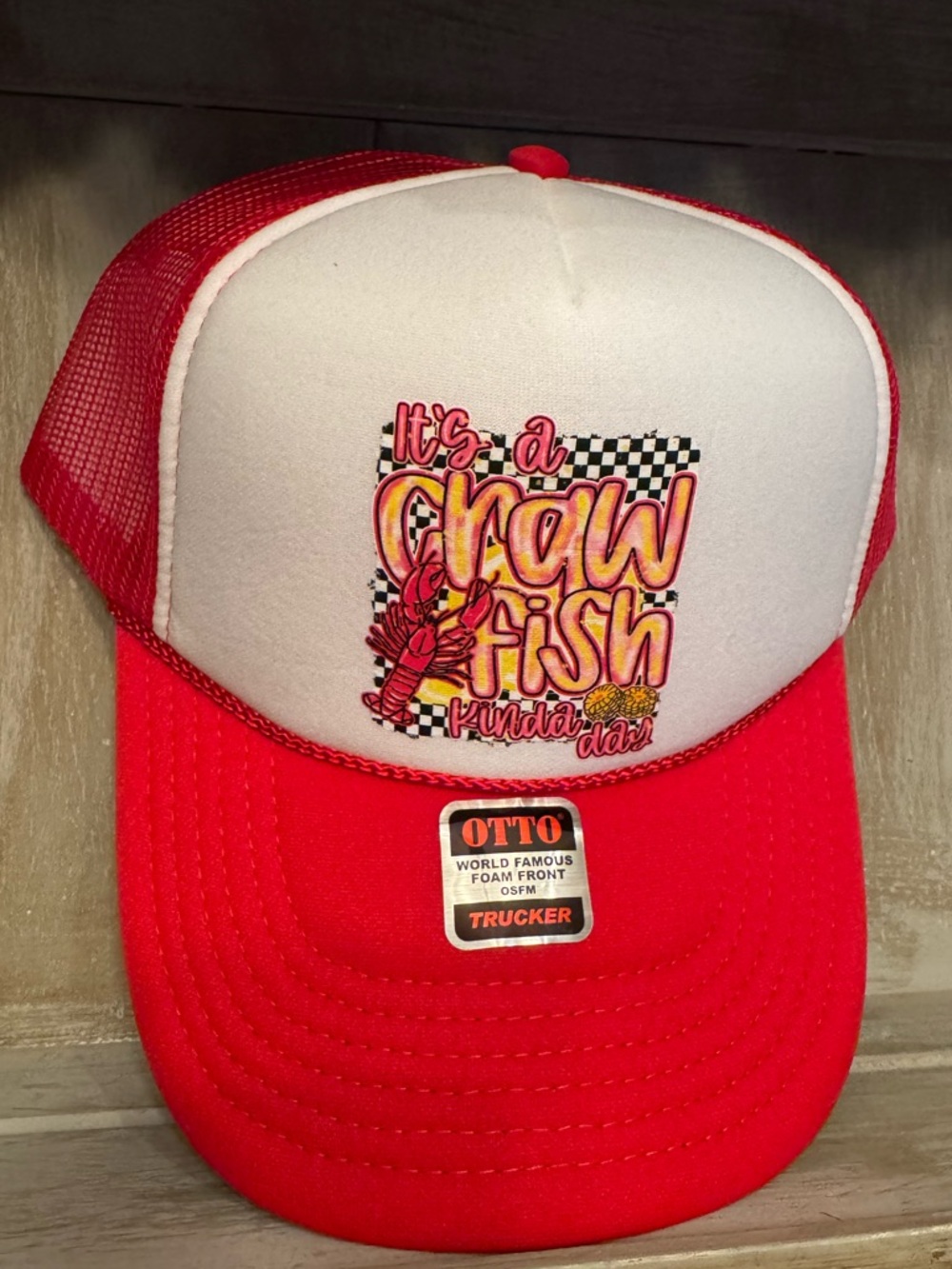 OTTO Red and White Crawfish Graphic Trucker Hat